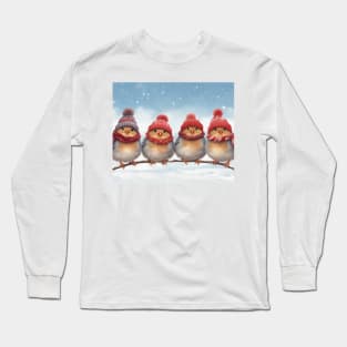 Four Cute Robins in Hats and Scarves on a Branch Long Sleeve T-Shirt